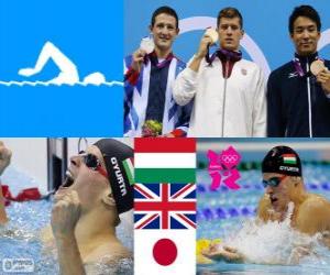 yapboz Erkekler Yüzme 200 metre kurbağalama podyum, Daniel Gyurta (Macaristan), Michael Jamieson (İngiltere) ve Ryo Tateishi (Japonya) - Londra 2012-